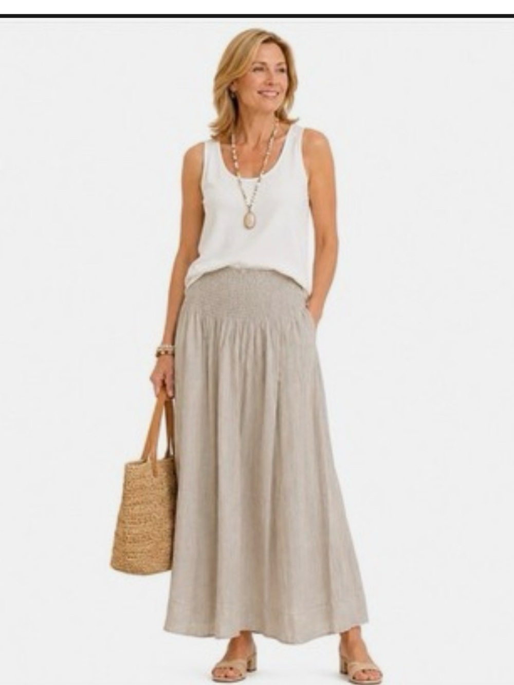 Parker beige Linen blend maxi skirt Size 10 Pockets Wide Smocked waistband